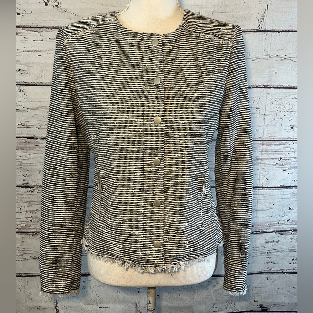 KENNA-T Jacket Tweed w Fringe Trim Black & White Zip/Snap Front-XS